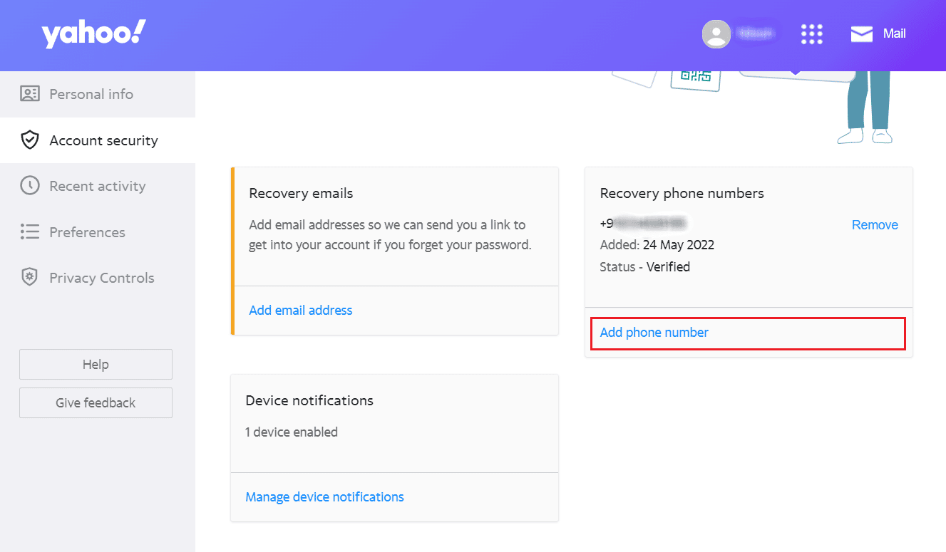 Klicken Sie im Abschnitt Telefonnummern für die Wiederherstellung auf Kontosicherheit – Telefonnummer hinzufügen | So ändern Sie die Telefonnummer bei Yahoo Mail