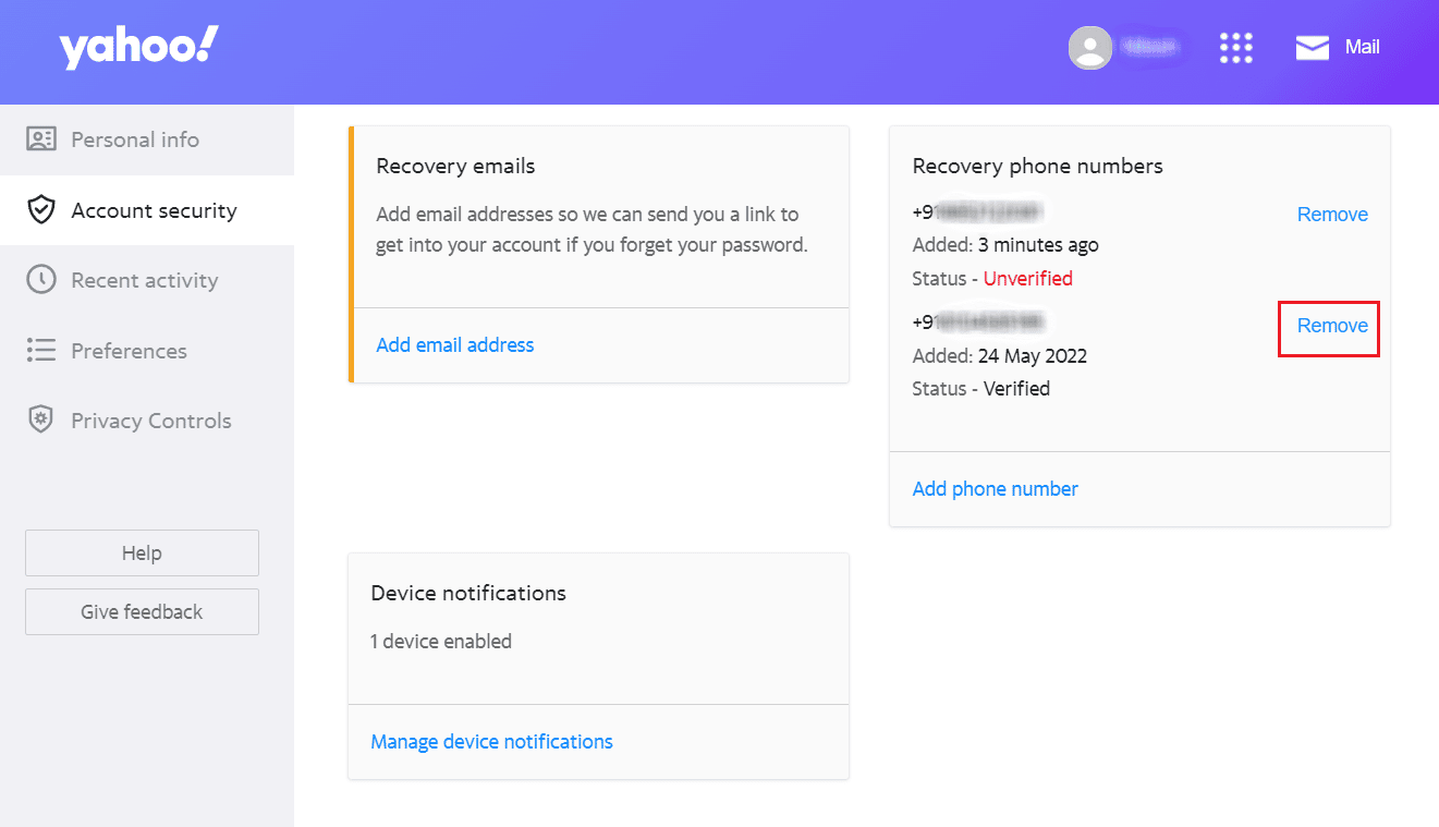 fai clic su Rimuovi accanto al numero di telefono precedente che non desideri | Come modificare il numero di telefono su Yahoo Mail