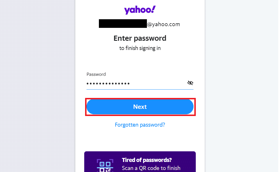 Geben Sie Ihre Yahoo-E-Mail-Adresse und Ihr Passwort ein und klicken Sie auf Weiter, um die Anmeldung abzuschließen