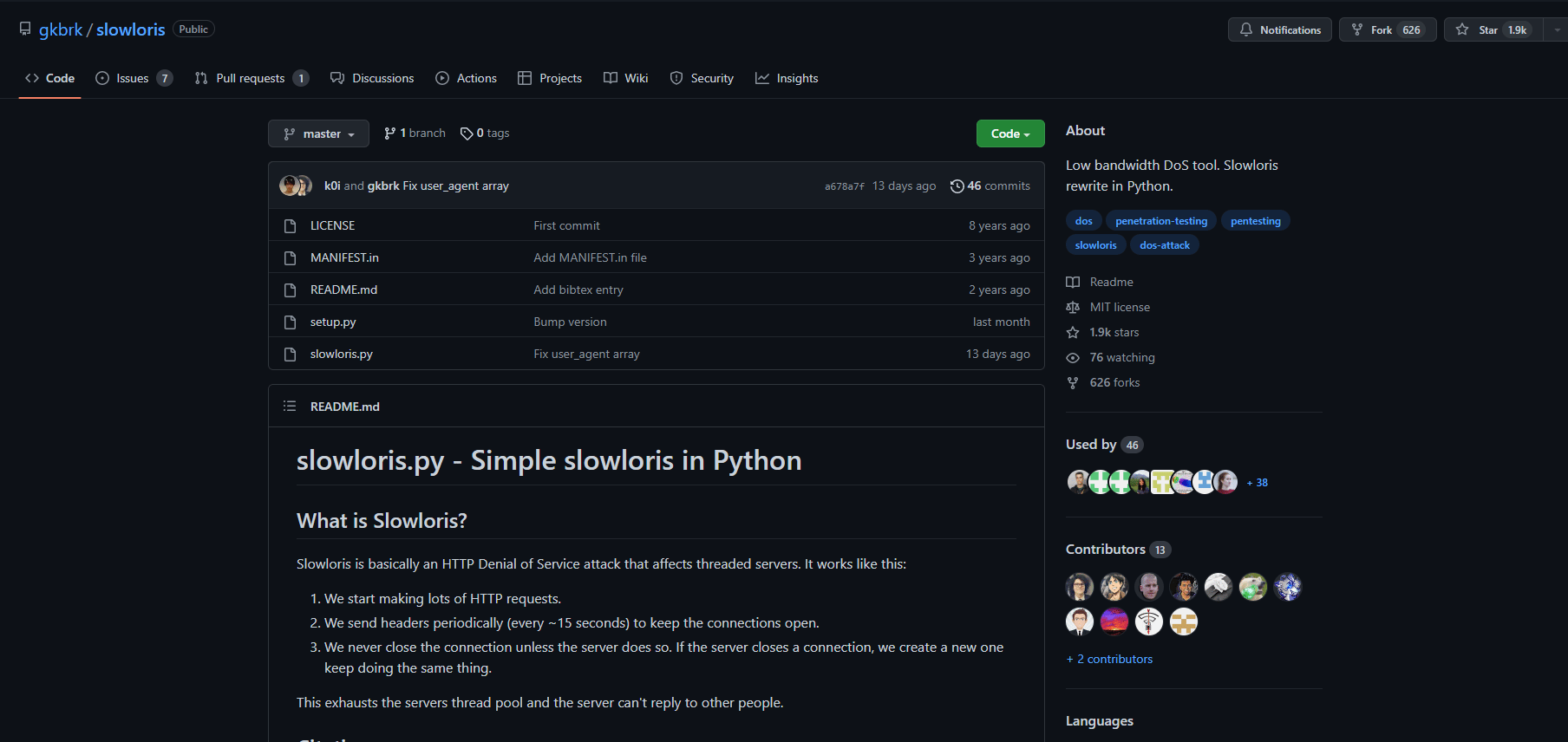 Halaman github Slowloris. 15 Alat Serangan DDoS Online Gratis Terbaik