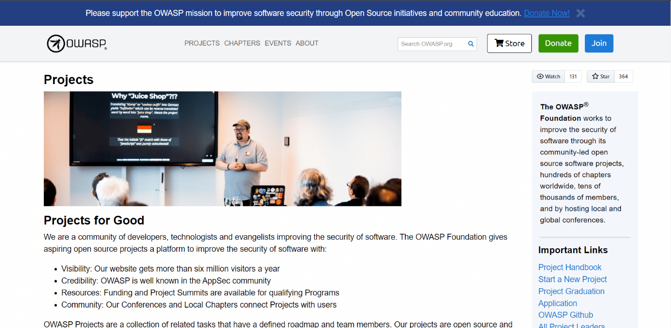 Pagina iniziale di Owasp