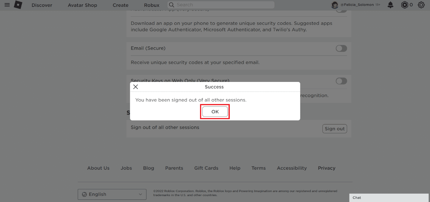Fare clic su OK nel prompt | cambia account su Roblox