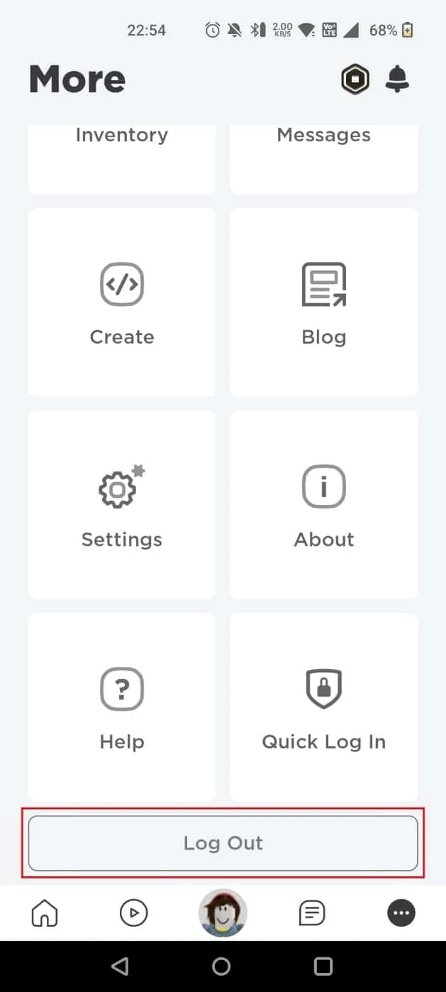 Przesuń palcem w dół i dotknij Wyloguj się na dole | przełączyć konta na Roblox