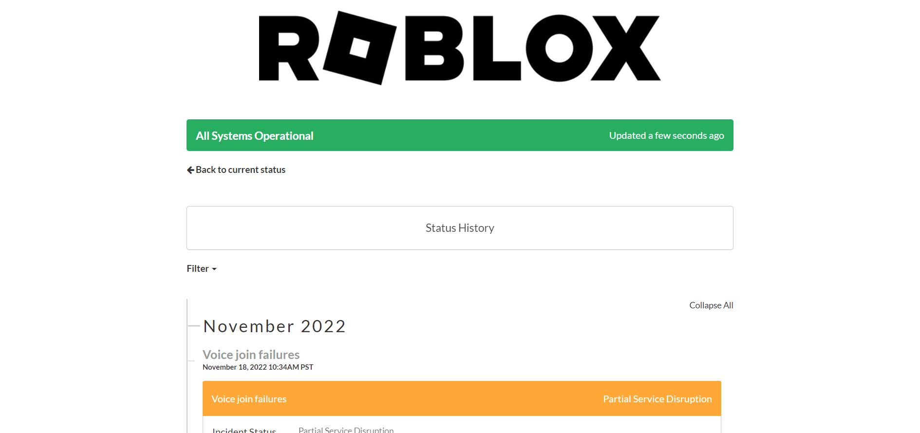 Страница статуса Roblox