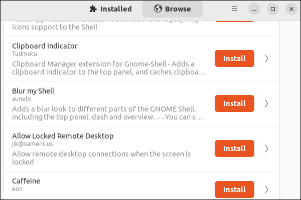 Recherche d'extensions dans le gestionnaire d'extensions GNOME