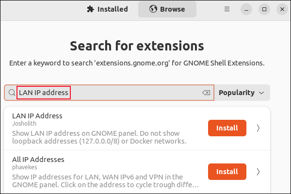 Mencari ekstensi di pengelola ekstensi GNOME