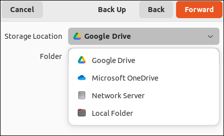 اختيار Google Drive كوجهة في deja dup