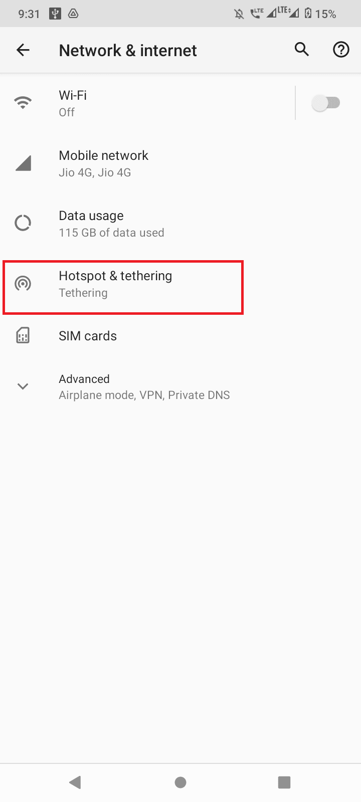 toque em hotspot e tethering