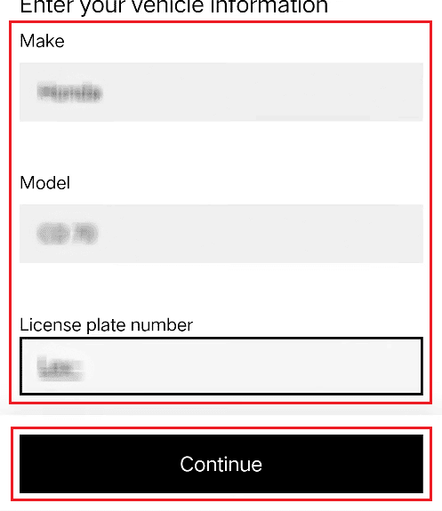 ข้อมูลยานพาหนะ เช่น ยี่ห้อ รุ่น และหมายเลขป้ายทะเบียน แล้วแตะดำเนินการต่อ | วิธีเปลี่ยนรถ Uber ของฉันเป็นจักรยานบน Uber Eats