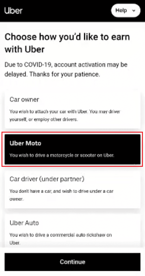 sélectionnez Uber Moto pour conduire une moto ou un scooter sur Uber et appuyez sur Continuer | Comment changer ma voiture Uber en vélo sur Uber Eats