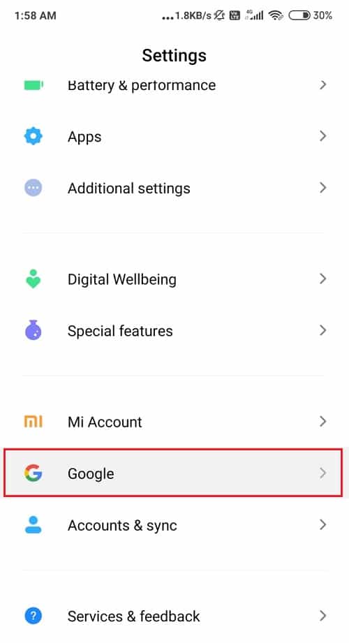 Cari Pengaturan di laci Aplikasi dan temukan Google