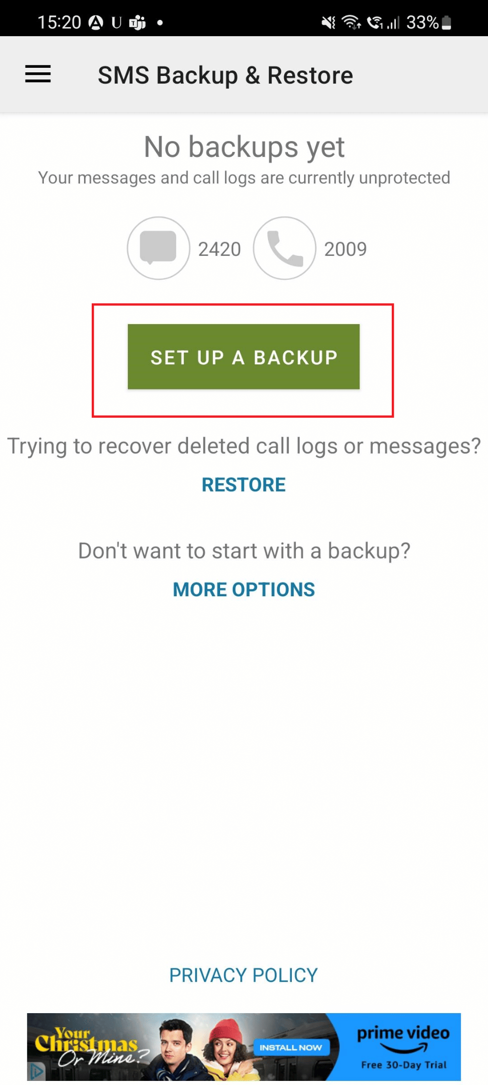 Tippen Sie auf die Option Backup einrichten