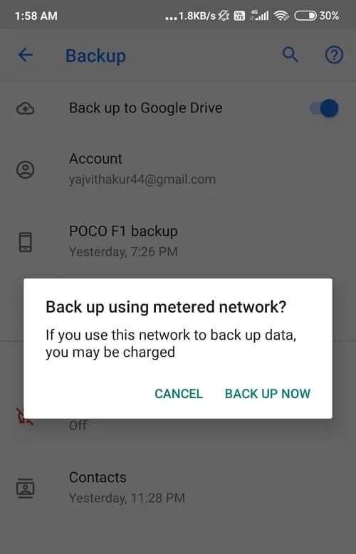 Pop akan datang dan tekan Back up sekarang