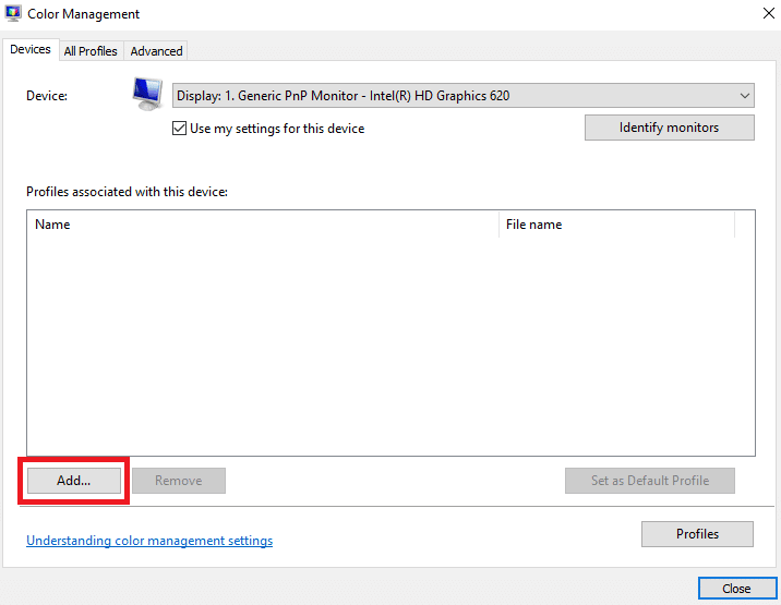Haga clic en la opción Agregar en la ventana Administración de color. Cómo instalar el perfil ICC en Windows 10