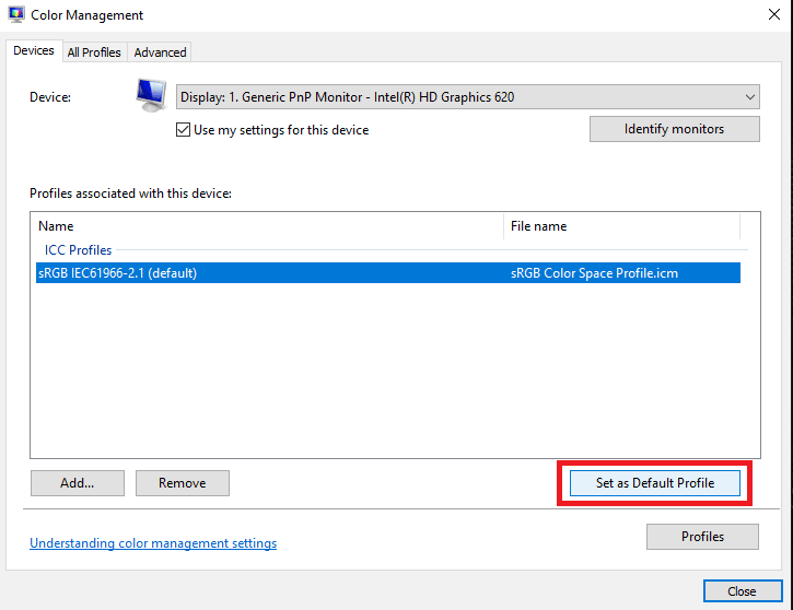 เลือกโปรไฟล์ ICC อีกครั้งและคลิกที่ Set as Default Profile วิธีติดตั้งโปรไฟล์ ICC บน Windows 10