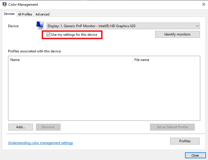 centang Gunakan pengaturan saya untuk perangkat ini. Cara Memasang Profil ICC di Windows 10