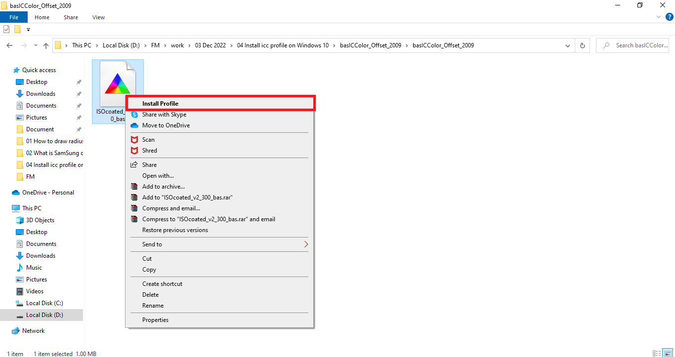 Щелкните правой кнопкой мыши значок профиля ICC и выберите «Установить профиль». Как установить профиль ICC в Windows 10