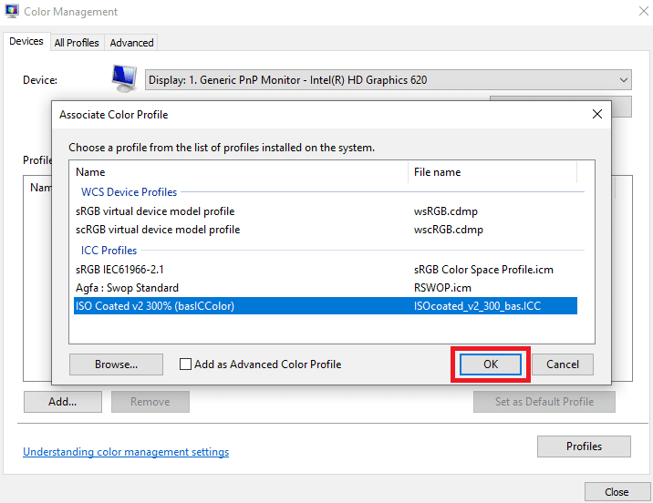 Onaylamak için Tamam seçeneğine tıklayın. Windows 10'da ICC Profili Nasıl Kurulur