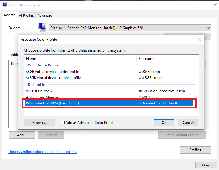 เลือกโปรไฟล์ ICC ที่คุณเพิ่งติดตั้ง วิธีติดตั้งโปรไฟล์ ICC บน Windows 10