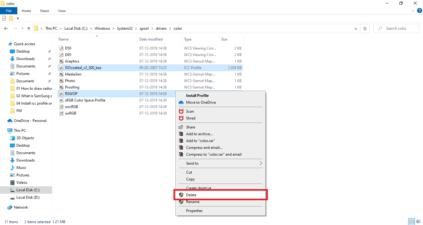 Klicken Sie mit der rechten Maustaste auf die ausgewählte Datei und klicken Sie auf die Option Löschen. So installieren Sie das ICC-Profil unter Windows 10