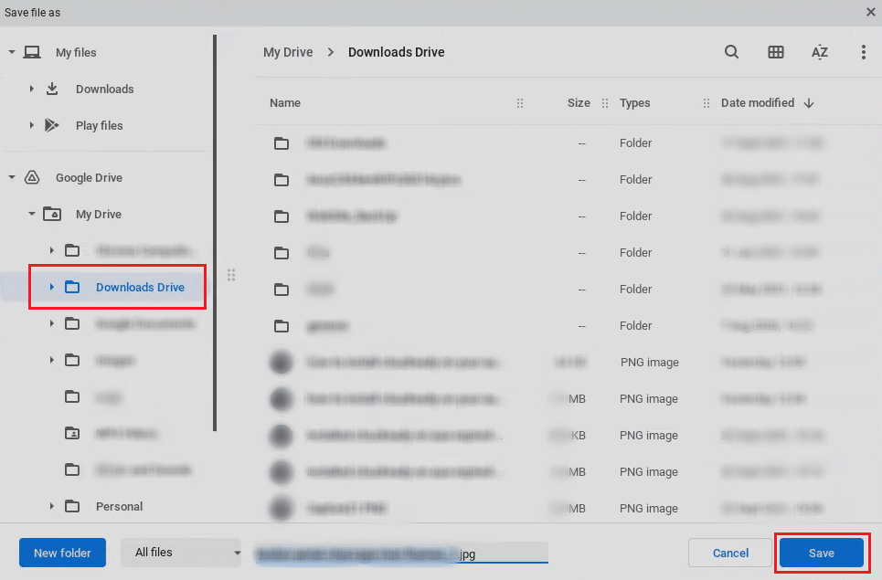 Wybierz żądany folder i kliknij Zapisz | Jak usunąć obrazy na Chromebooku Tylko do odczytu