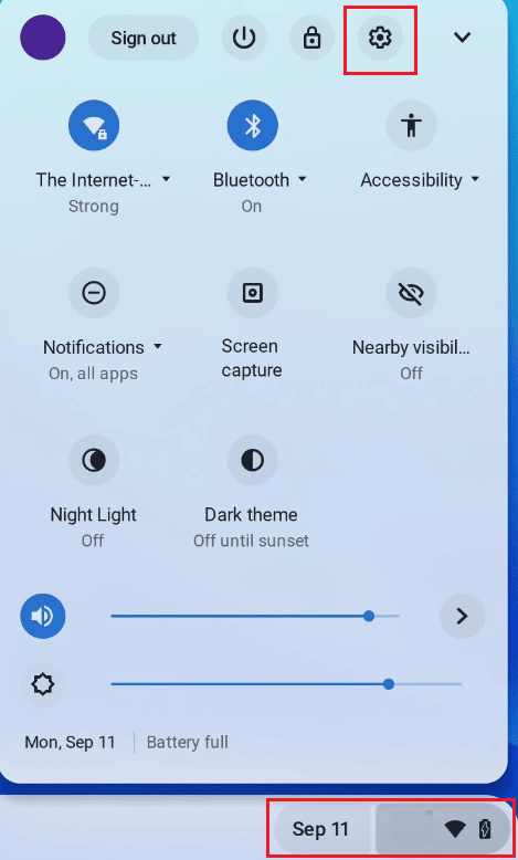 En el panel de Configuración rápida, haga clic en el icono de engranaje de Configuración | Cómo eliminar imágenes en Chromebook de solo lectura