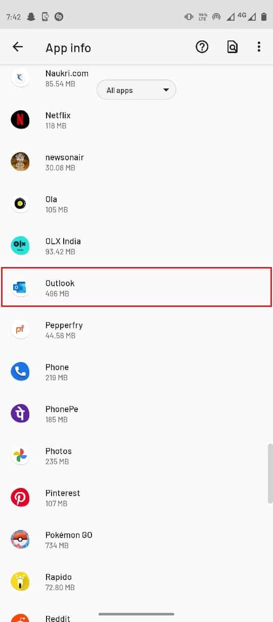 gulir ke bawah dan ketuk aplikasi Outlook. Perbaiki Kesalahan Outlook Item Ini Tidak Dapat Ditampilkan di Panel Baca