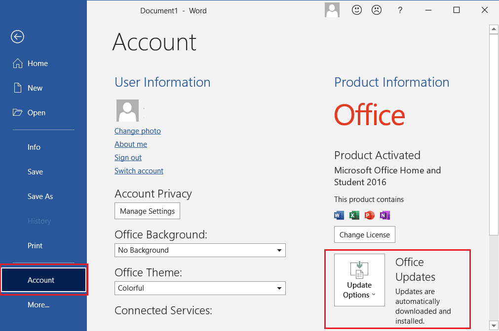 Klik opsi Pembaruan Office. Perbaiki Kesalahan Outlook Item Ini Tidak Dapat Ditampilkan di Panel Baca