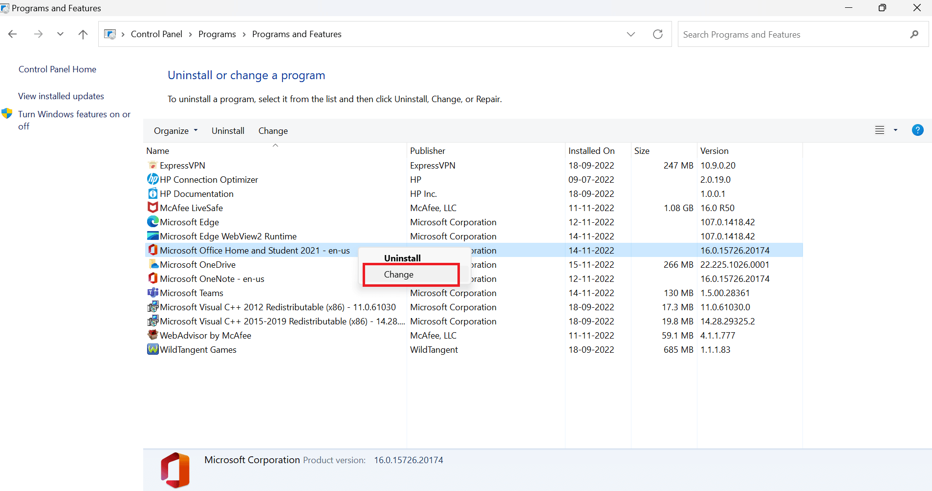 Microsoft ofis seçeneğine sağ tıklayın ve ardından Değiştir seçeneğini seçin