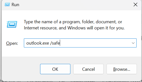 Escriba en el cuadro de búsqueda Outlook.exe /safe. Solucionar el error de Outlook Este elemento no se puede mostrar en el panel de lectura