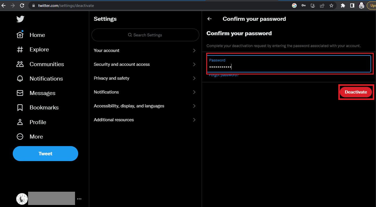 أدخل كلمة المرور الخاصة بك وانقر فوق إلغاء تنشيط الحساب. كيفية حذف حساب تويتر المعلق