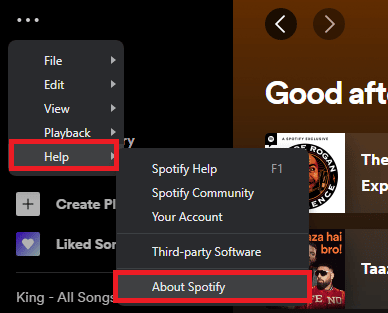 haga clic en Ayuda y seleccione acerca de spotify