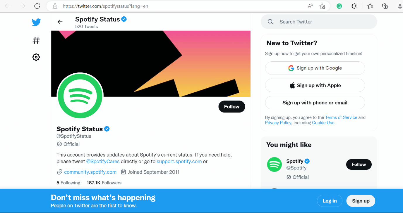 Statut de la page Twitter de Spotify