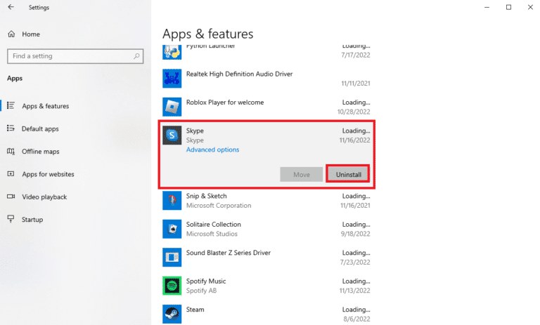 Kliknij Skype i wybierz Odinstaluj. Napraw wysokie użycie procesora Skype w systemie Windows 10
