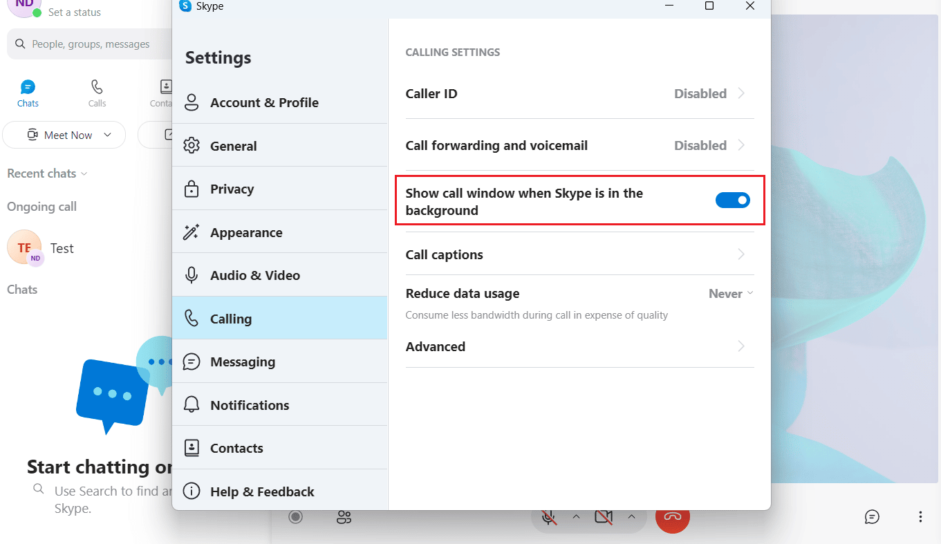 Mostra la finestra della chiamata quando Skype è in background funzione dalle impostazioni di chiamata | Come disattivare lo schermo diviso di Skype
