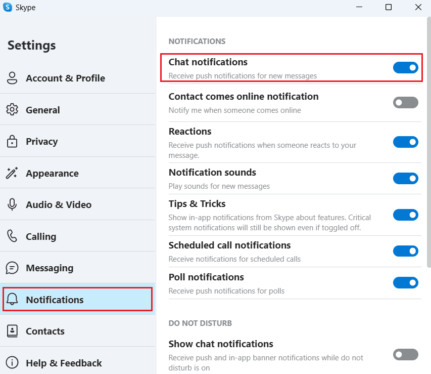 Onglet Notifications - désactivez la bascule pour l'option Notifications de chat | Comment désactiver l'écran partagé de Skype