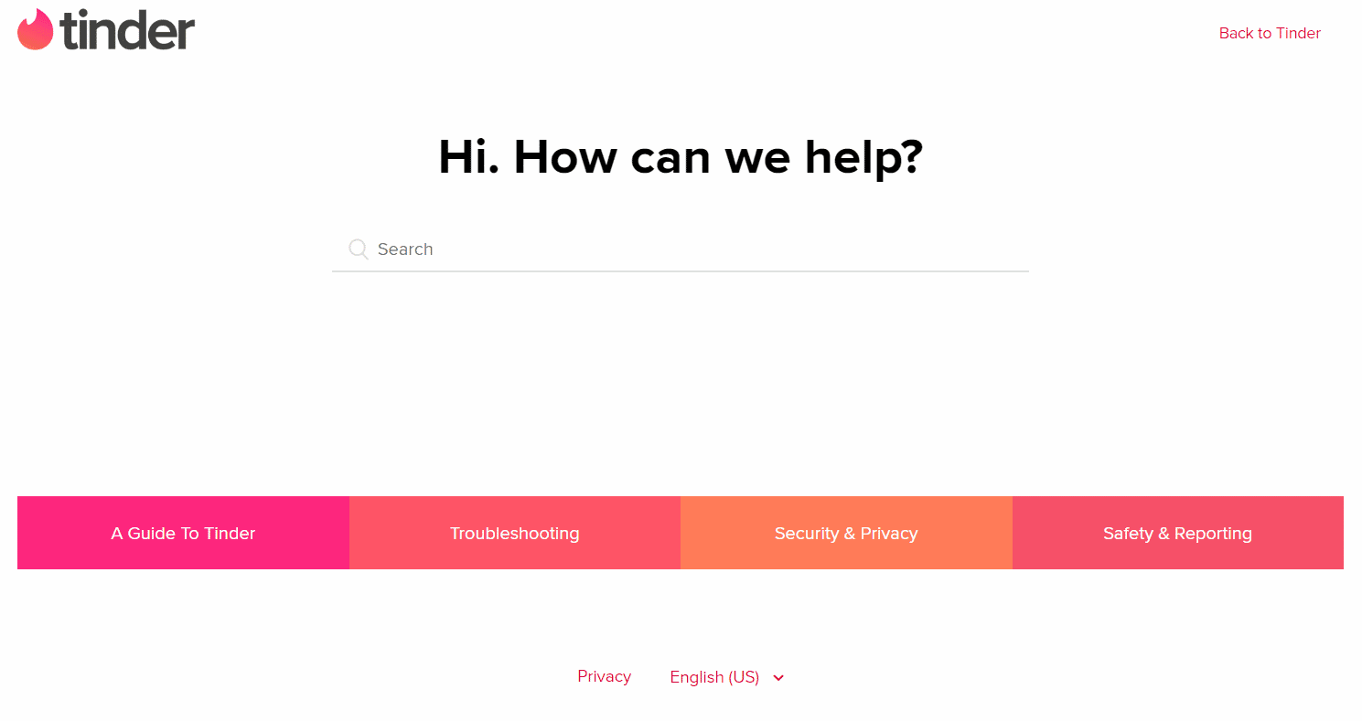 Página de atención al cliente de Tinder |