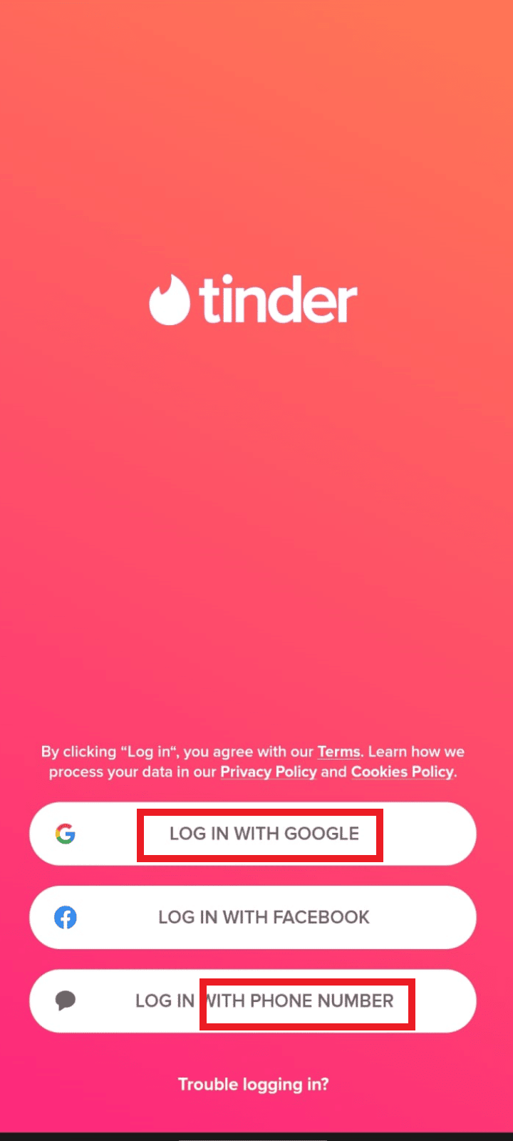 使用新電話號碼或谷歌帳戶登錄。 | Tinder 無緣無故禁止我