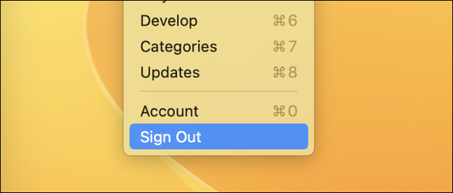 「Store」メニューを使用して Mac App Store からサインアウトします。