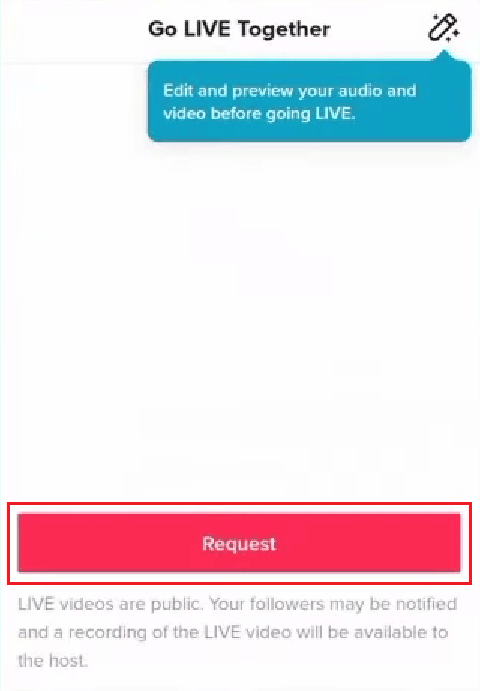 点击“请求”选项以发出加入此特定 TikTok Live 的请求