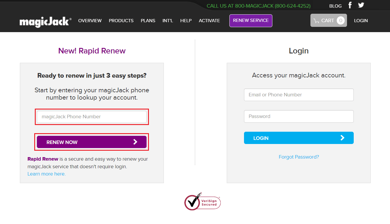 Ingrese su número de teléfono magicJack y haga clic en RENOVAR AHORA
