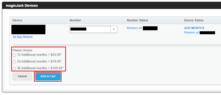 alegeți planul dorit și faceți clic pe Adaugă în coș | Cum să vă reînnoiți contul magicJack