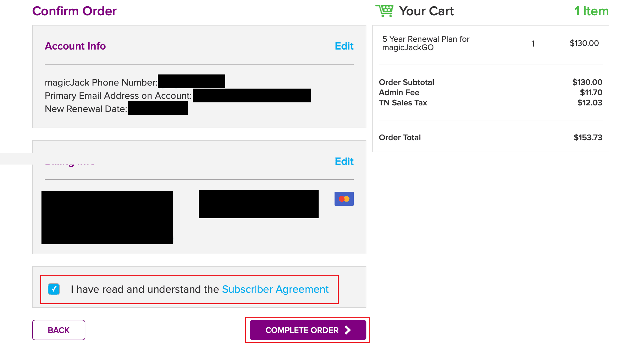 Revise el Acuerdo de suscripción de magicJack, marque la casilla de verificación para confirmar la revisión y haga clic en COMPLETAR PEDIDO