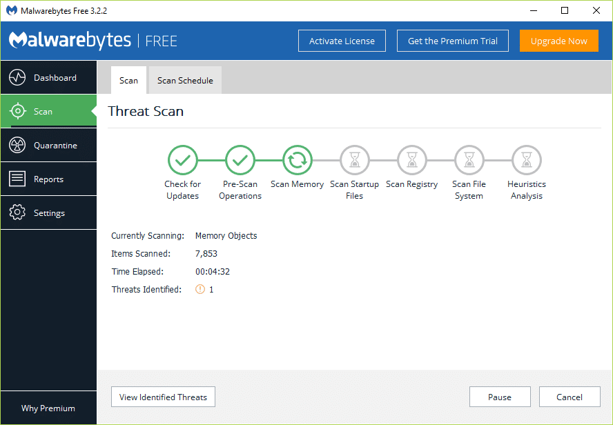 Preste atenção na tela de verificação de ameaças enquanto o Malwarebytes Anti-Malware verifica seu PC