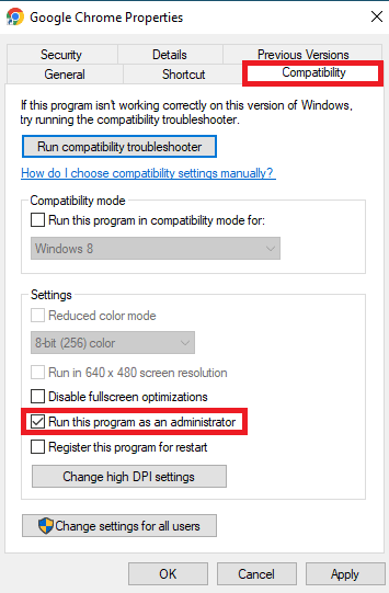 Arahkan ke tab Kompatibilitas dan centang kotak Jalankan program ini sebagai administrator