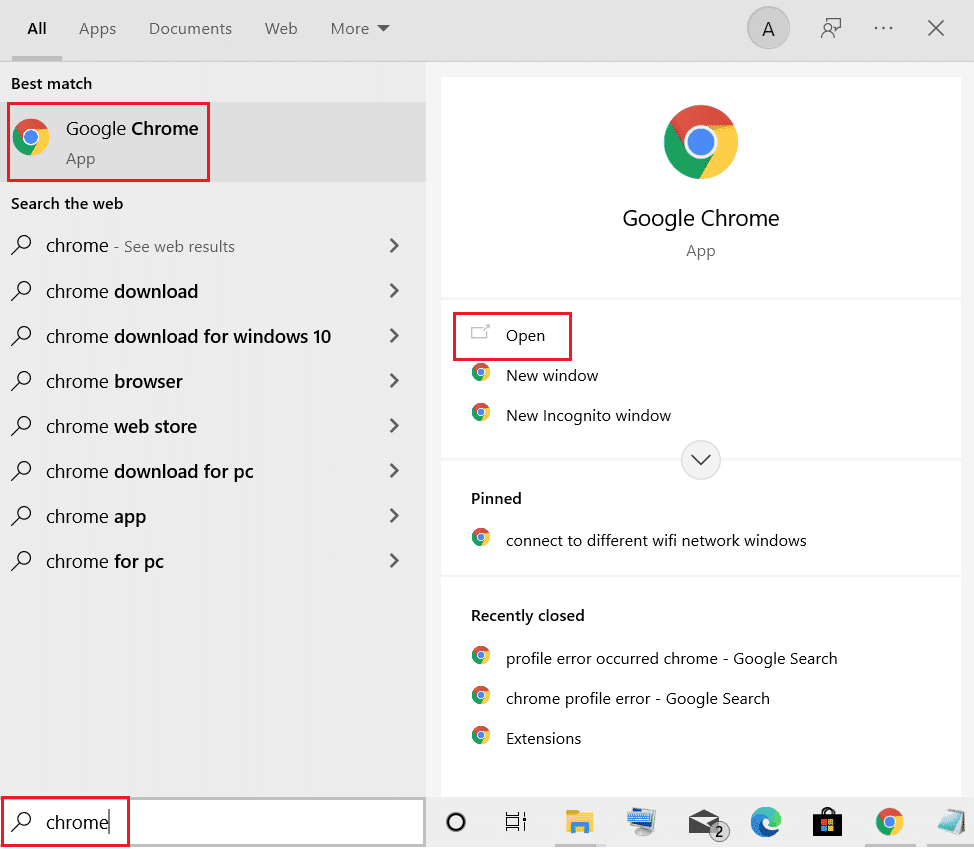 apri google chrome dal menu di ricerca di Windows