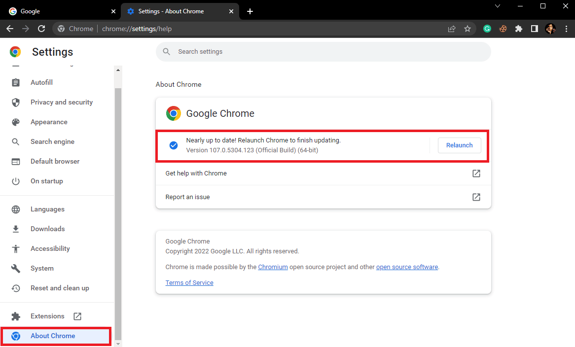 คลิกที่ About Chrome และตรวจสอบการอัปเดต 12 วิธีในการแก้ไข CPU สูงของ Google Chrome และการใช้หน่วยความจำบนพีซี