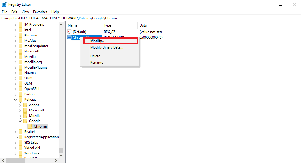 Haga clic con el botón derecho en la nueva clave y haga clic en Modificar. 12 formas de reparar el alto uso de CPU y memoria de Google Chrome en la PC