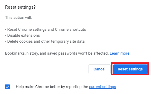 clique no botão Redefinir configurações para redefinir o Google Chrome para as configurações padrão