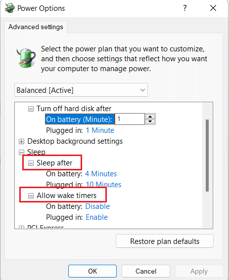 Expandir + Dormir después de y + Permitir temporizadores de activación